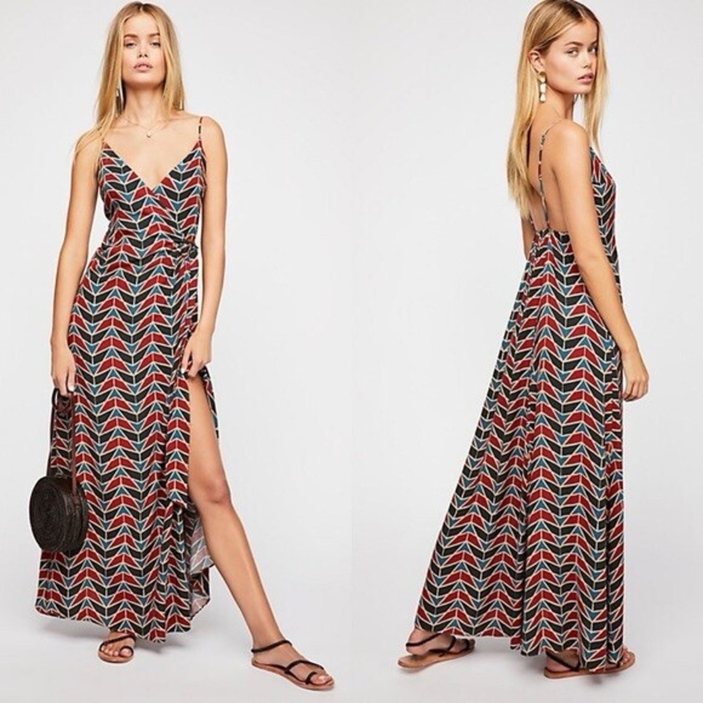 Free People Chevron-Print Maxi Wrap Dress in Red and blue